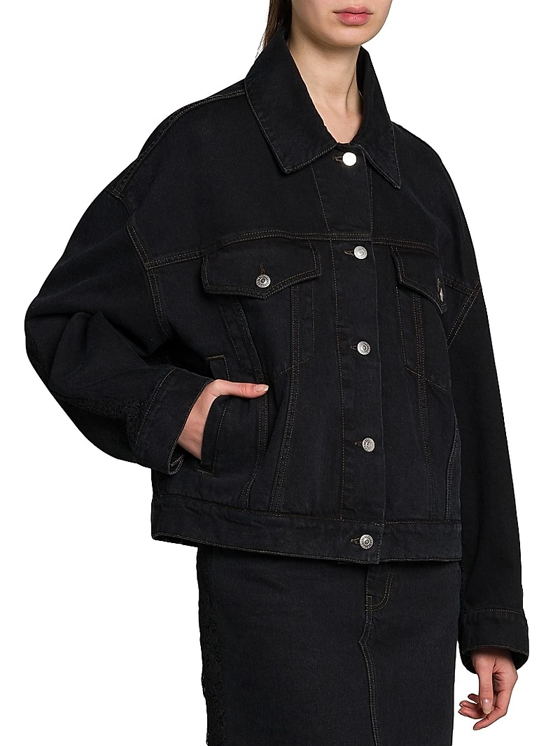 Lace-Trimmed Denim Button-Front Jacket