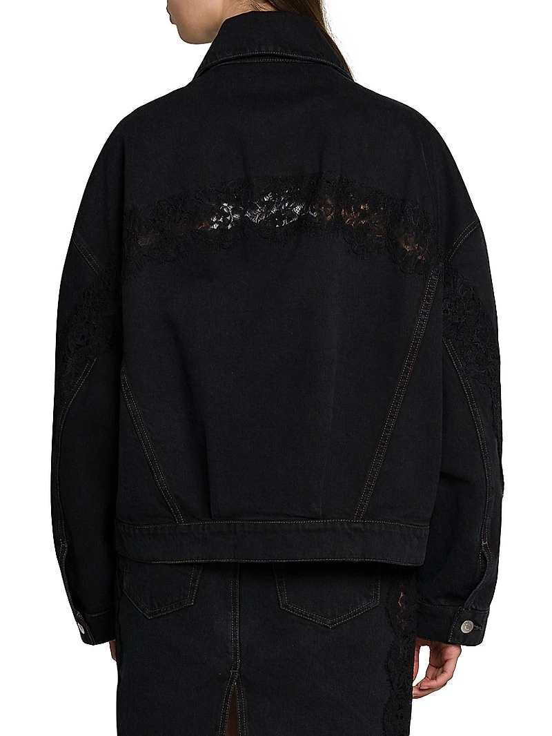 Lace-Trimmed Denim Button-Front Jacket