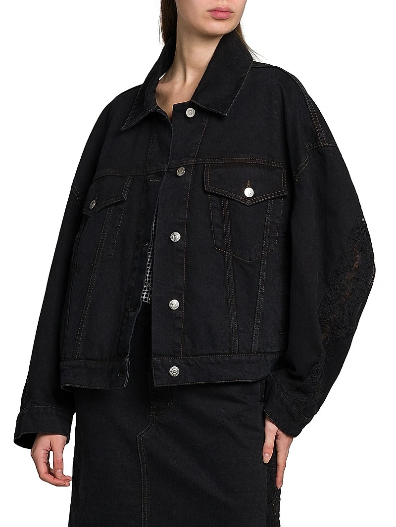 Lace-Trimmed Denim Button-Front Jacket