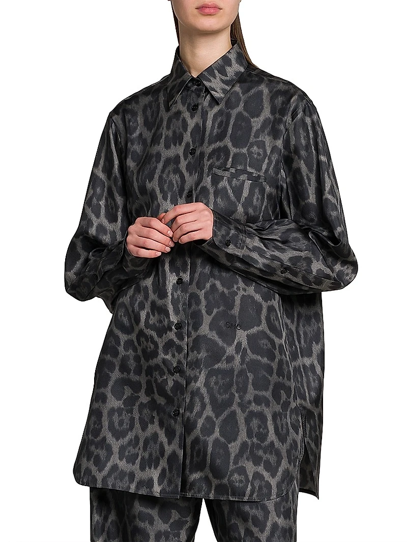 Leopard Silk Button-Front Shirt