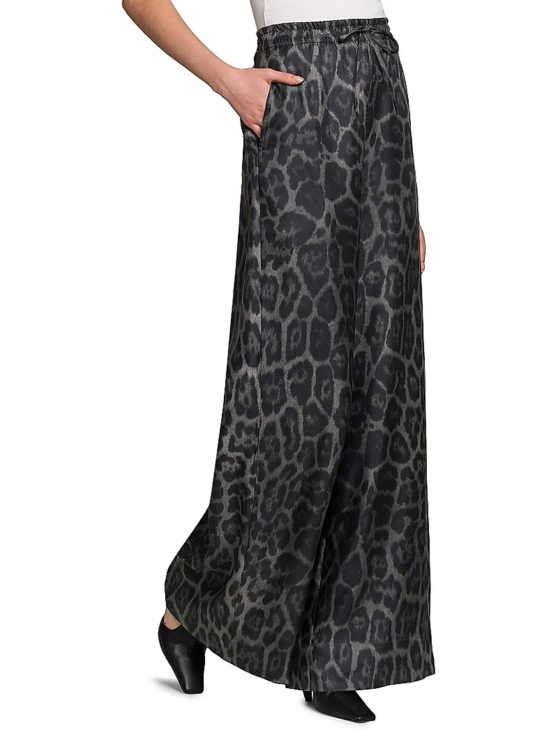 Leopard Silk Wide-Leg Pajama Pants