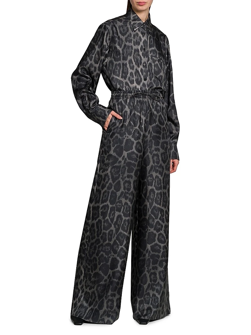 Leopard Silk Wide-Leg Pajama Pants