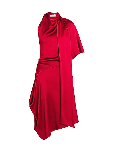 Satin Asymmetric Scarf Midi-Dress