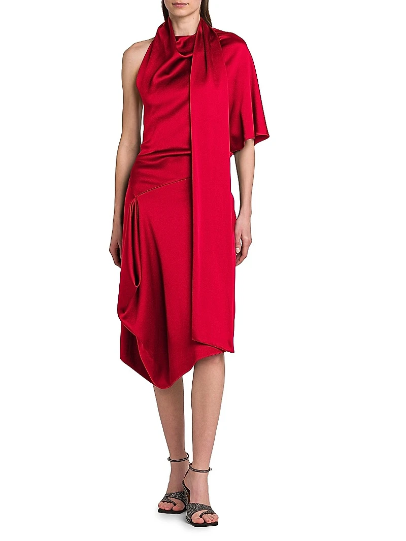 Satin Asymmetric Scarf Midi-Dress