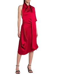 Satin Asymmetric Scarf Midi-Dress