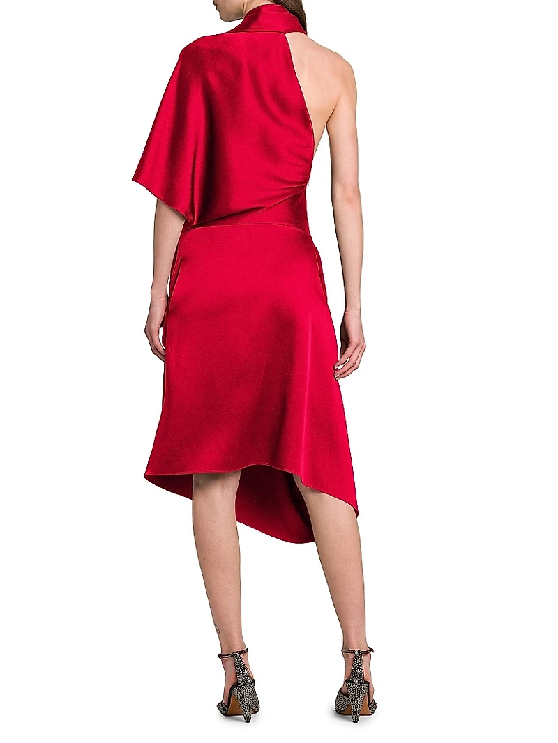 Satin Asymmetric Scarf Midi-Dress