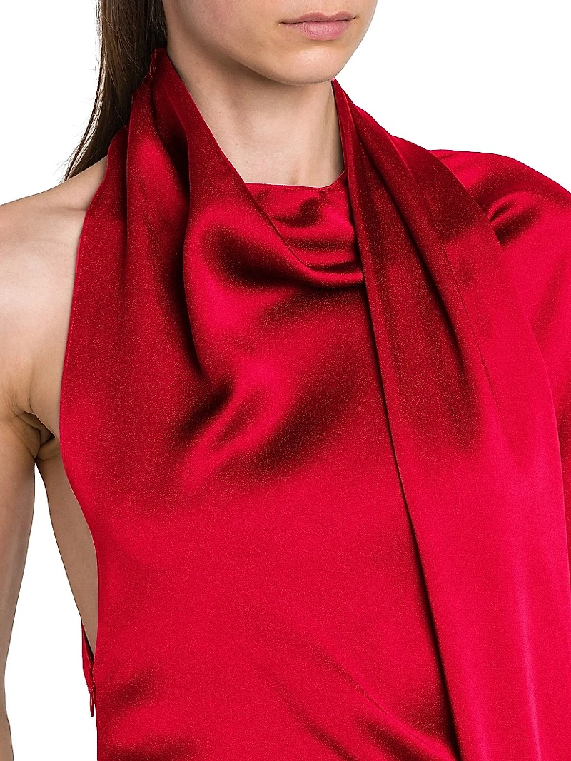Satin Asymmetric Scarf Midi-Dress