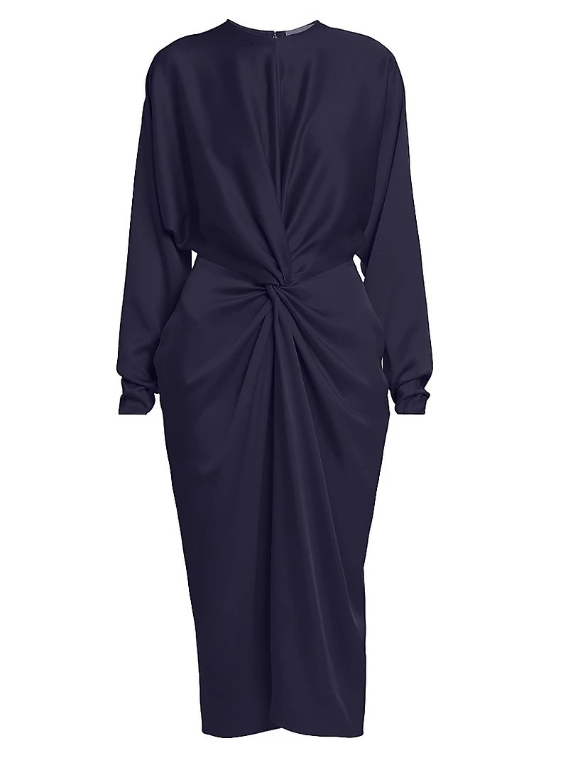 Satin Twist-Front Long-Sleeve Midi-Dress