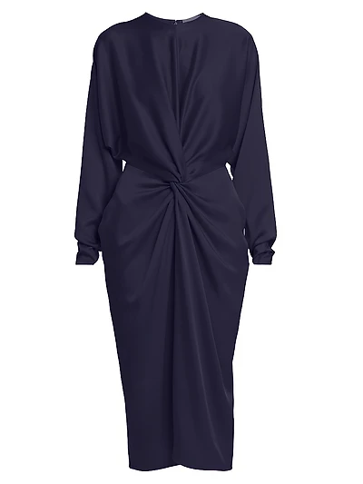 Satin Twist-Front Long-Sleeve Midi-Dress