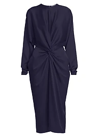 Satin Twist-Front Long-Sleeve Midi-Dress