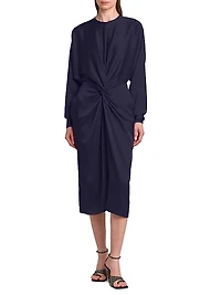 Satin Twist-Front Long-Sleeve Midi-Dress