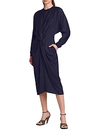 Satin Twist-Front Long-Sleeve Midi-Dress