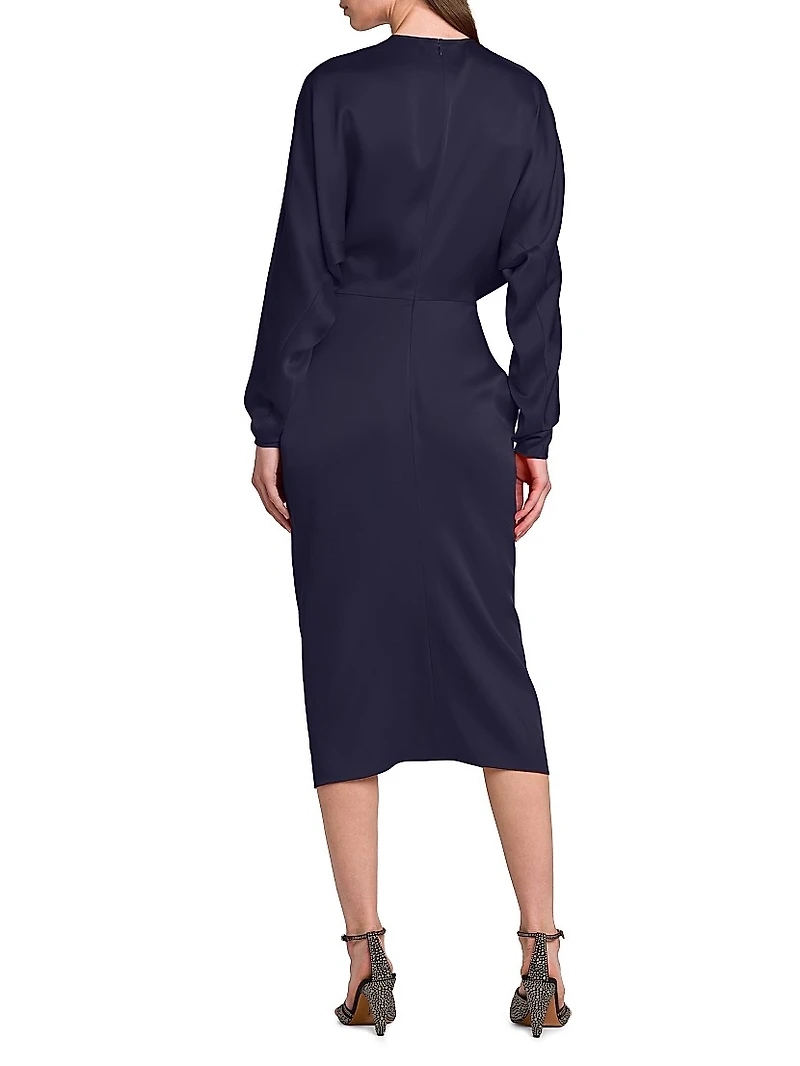 Satin Twist-Front Long-Sleeve Midi-Dress