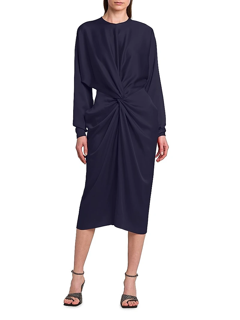 Satin Twist-Front Long-Sleeve Midi-Dress
