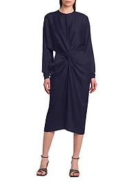 Satin Twist-Front Long-Sleeve Midi-Dress