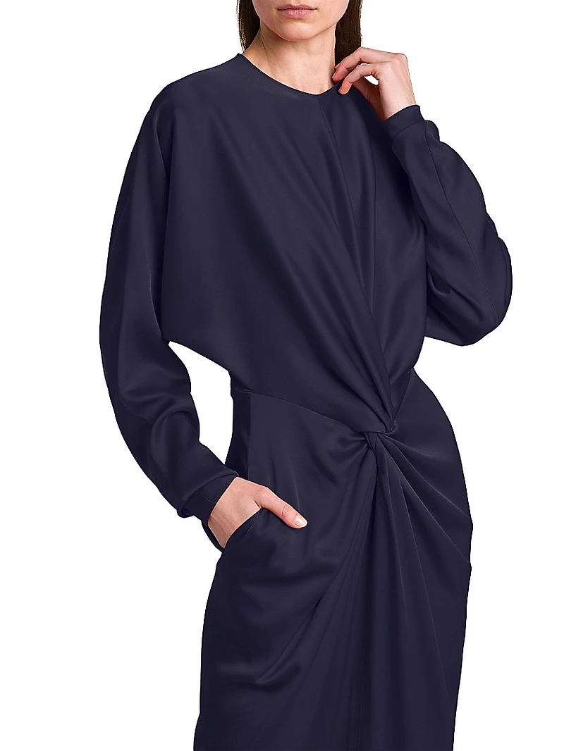 Satin Twist-Front Long-Sleeve Midi-Dress