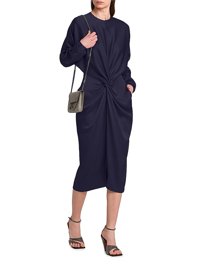Satin Twist-Front Long-Sleeve Midi-Dress
