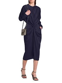 Satin Twist-Front Long-Sleeve Midi-Dress