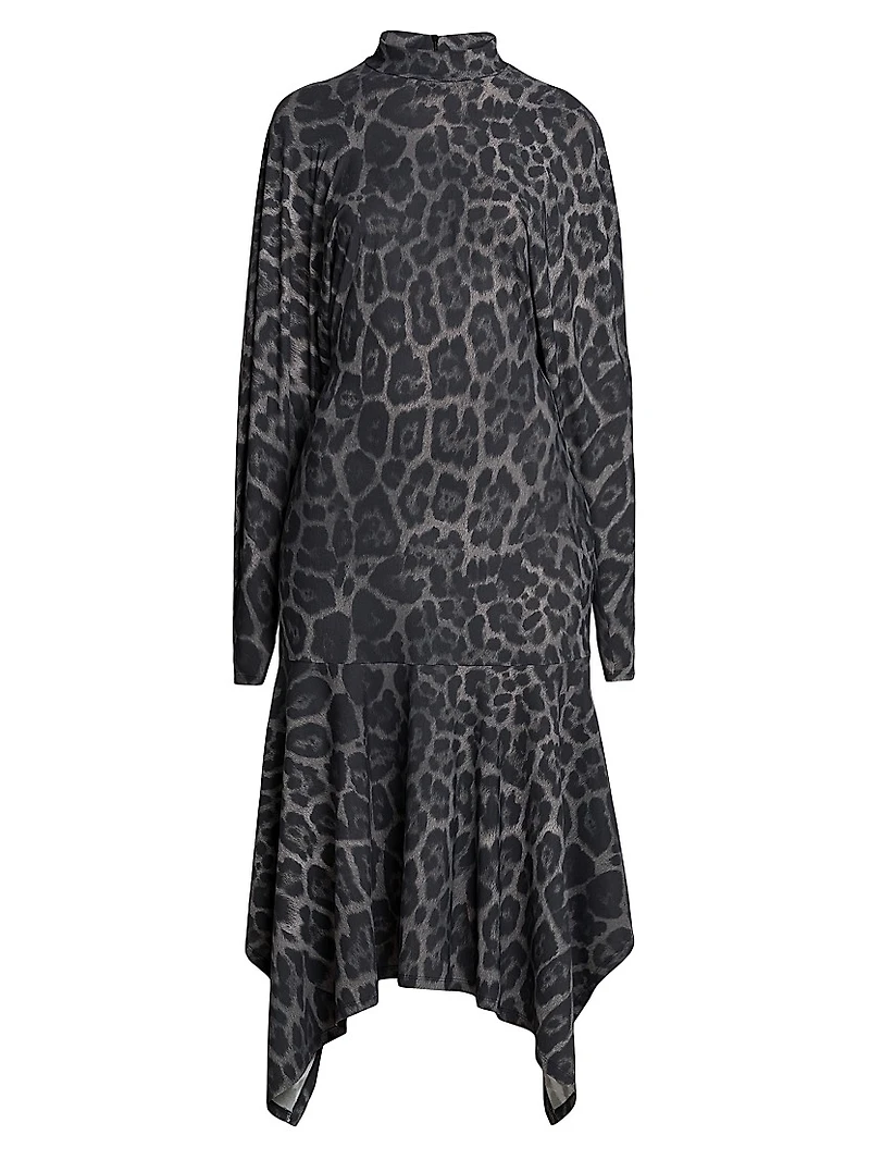 Asymmetric Leopard-Print Mock-Turtleneck Midi-Dress