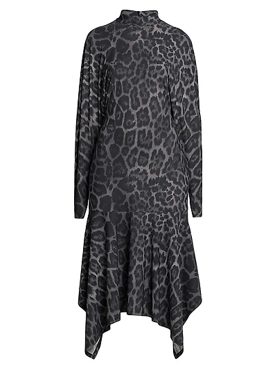 Asymmetric Leopard-Print Mock-Turtleneck Midi-Dress