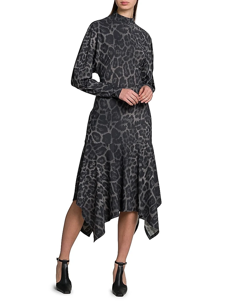 Asymmetric Leopard-Print Mock-Turtleneck Midi-Dress