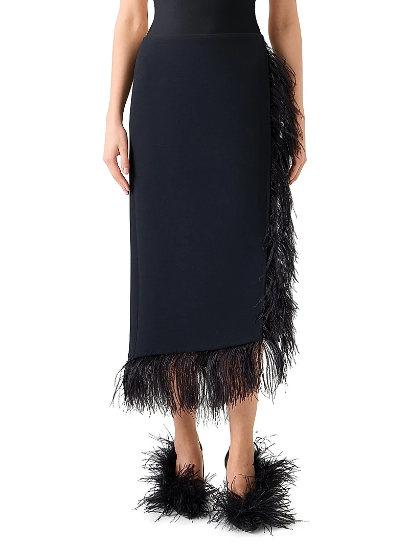 Asymmetric Feather-Trim Midi-Skirt