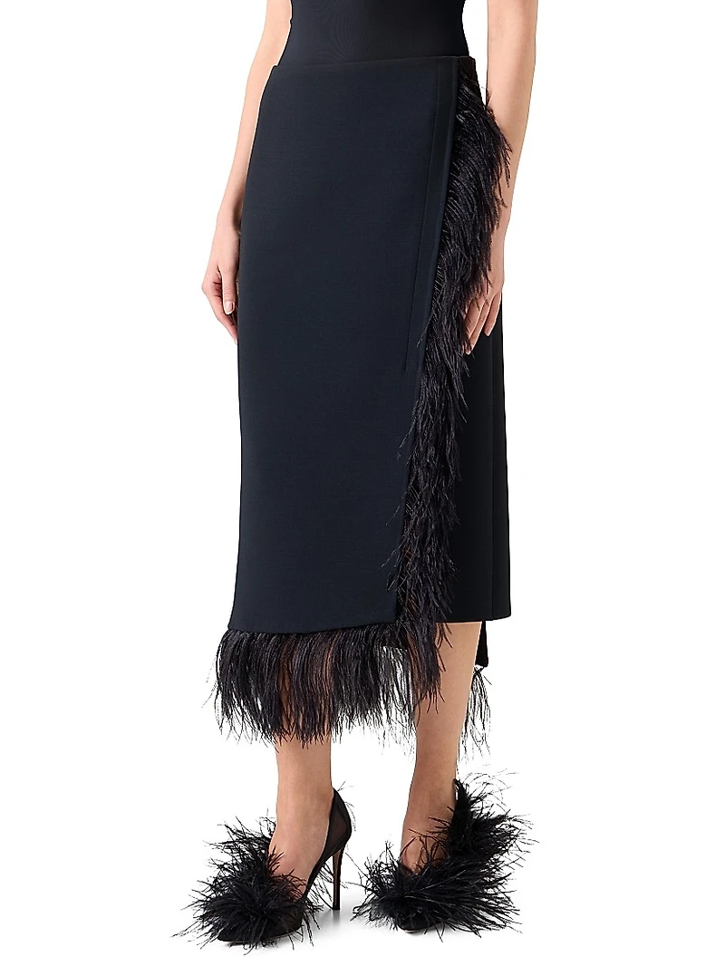 Asymmetric Feather-Trim Midi-Skirt