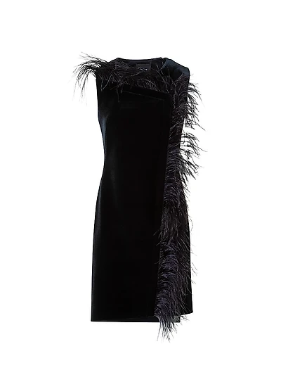 Feather-Trimmed Velvet Minidress