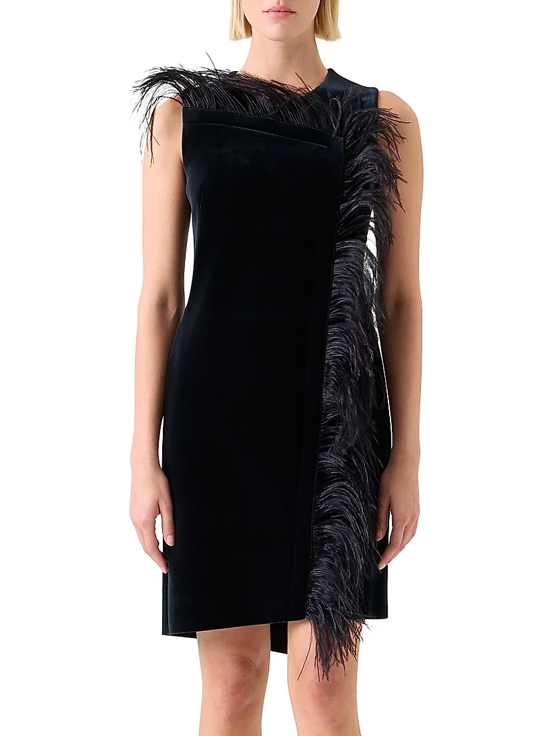 Feather-Trimmed Velvet Minidress