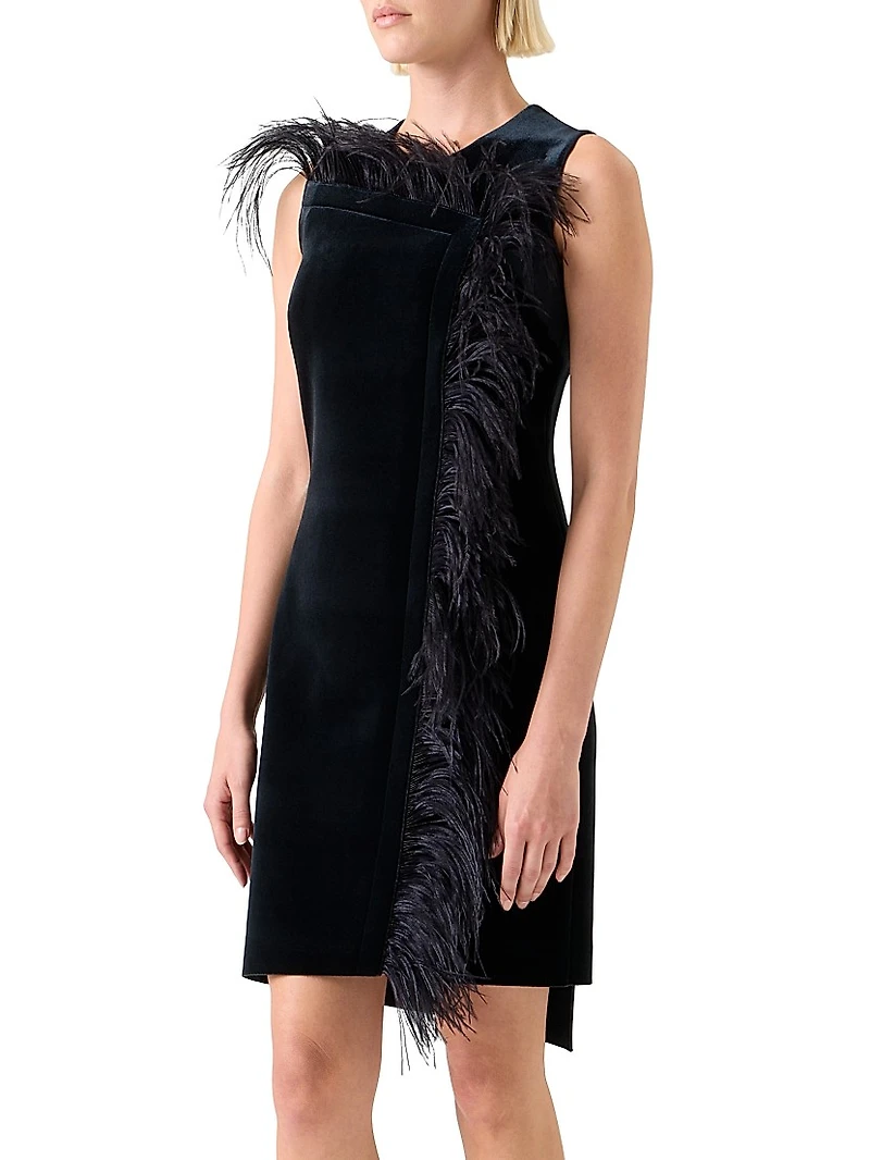 Feather-Trimmed Velvet Minidress