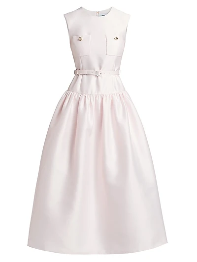 Taffeta Belted Drop-Waist Midi-Dress