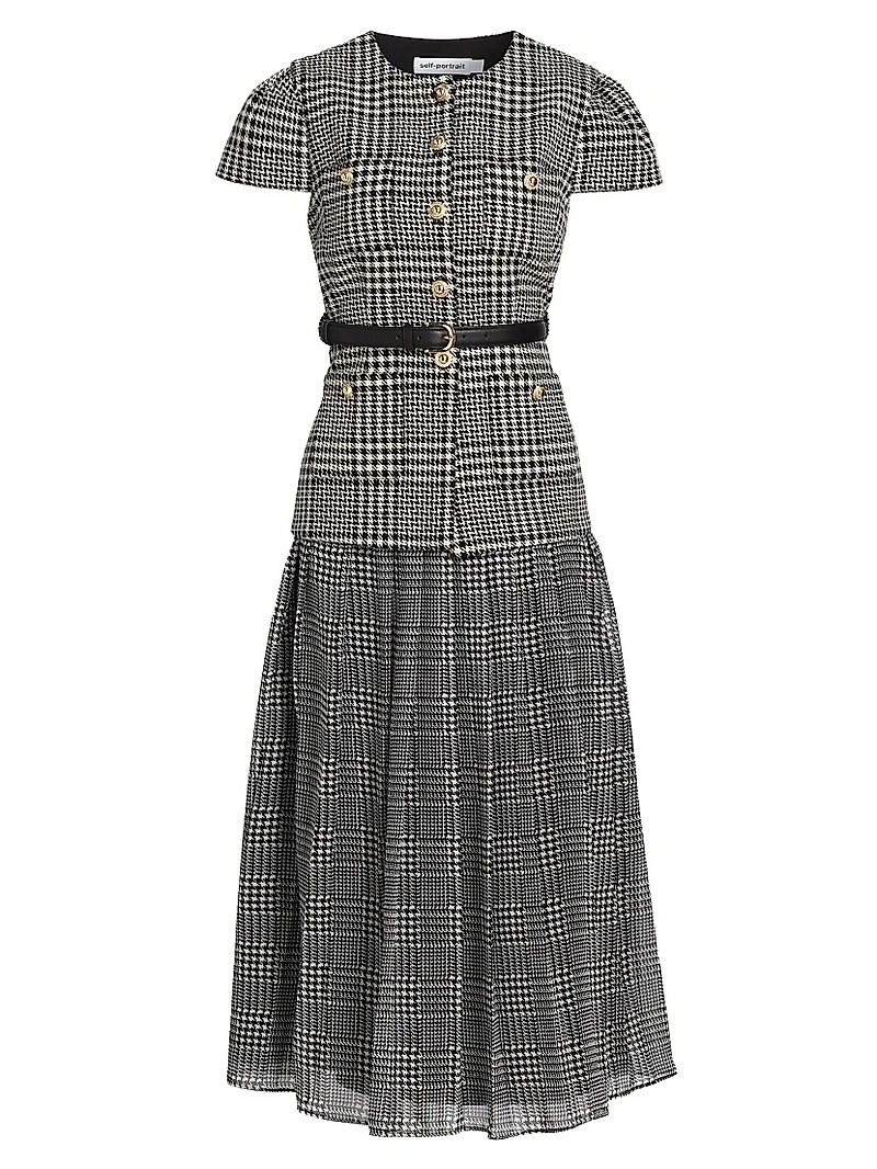 Houndstooth Belted Midi-Dress