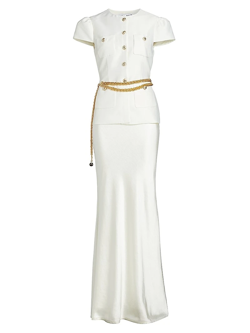 Taffeta Chain-Belt Maxi Dress