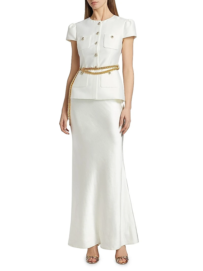 Taffeta Chain-Belt Maxi Dress