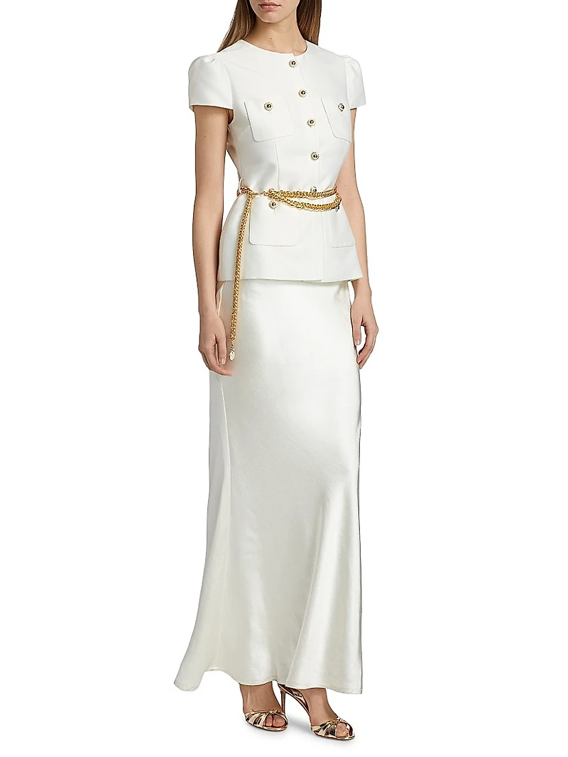 Taffeta Chain-Belt Maxi Dress