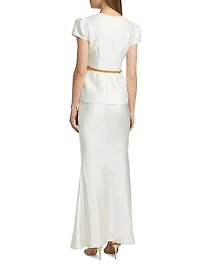 Taffeta Chain-Belt Maxi Dress
