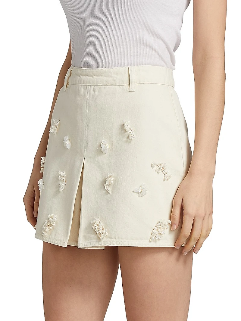 Floral Beaded Cotton Denim Miniskirt