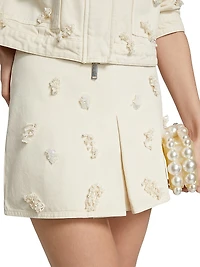 Floral Beaded Cotton Denim Miniskirt