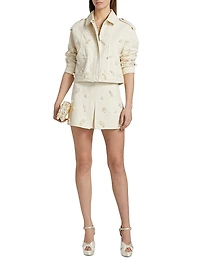 Floral Beaded Cotton Denim Miniskirt