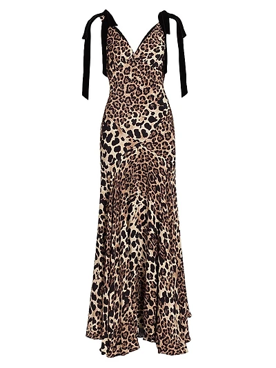 Leopard Print Silk Bow-Strap Gown