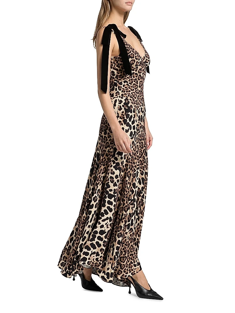 Leopard Print Silk Bow-Strap Gown