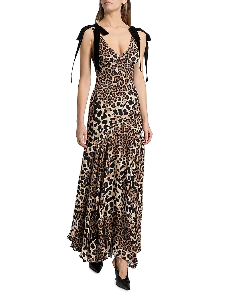 Leopard Print Silk Bow-Strap Gown