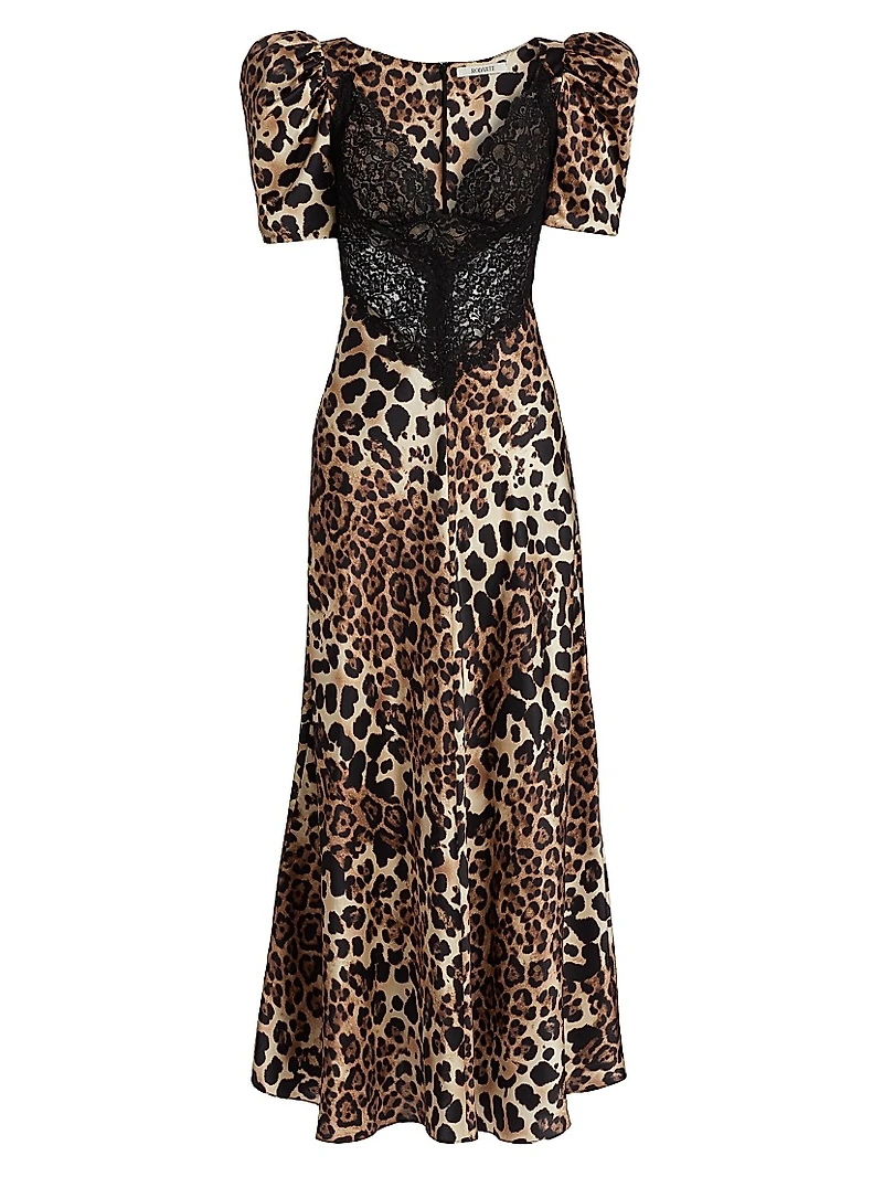 Leopard Print Silk Lace-Trim Maxi Dress