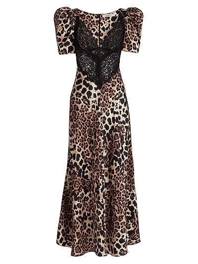 Leopard Print Silk Lace-Trim Maxi Dress