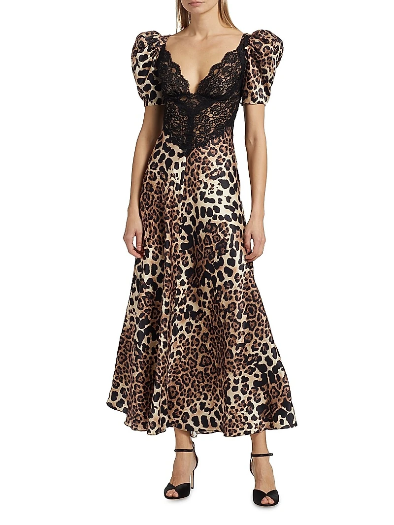 Leopard Print Silk Lace-Trim Maxi Dress