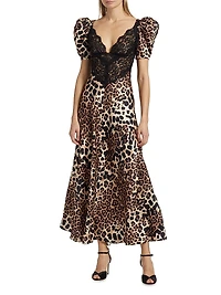 Leopard Print Silk Lace-Trim Maxi Dress