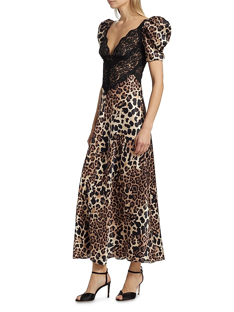 Leopard Print Silk Lace-Trim Maxi Dress