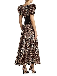 Leopard Print Silk Lace-Trim Maxi Dress