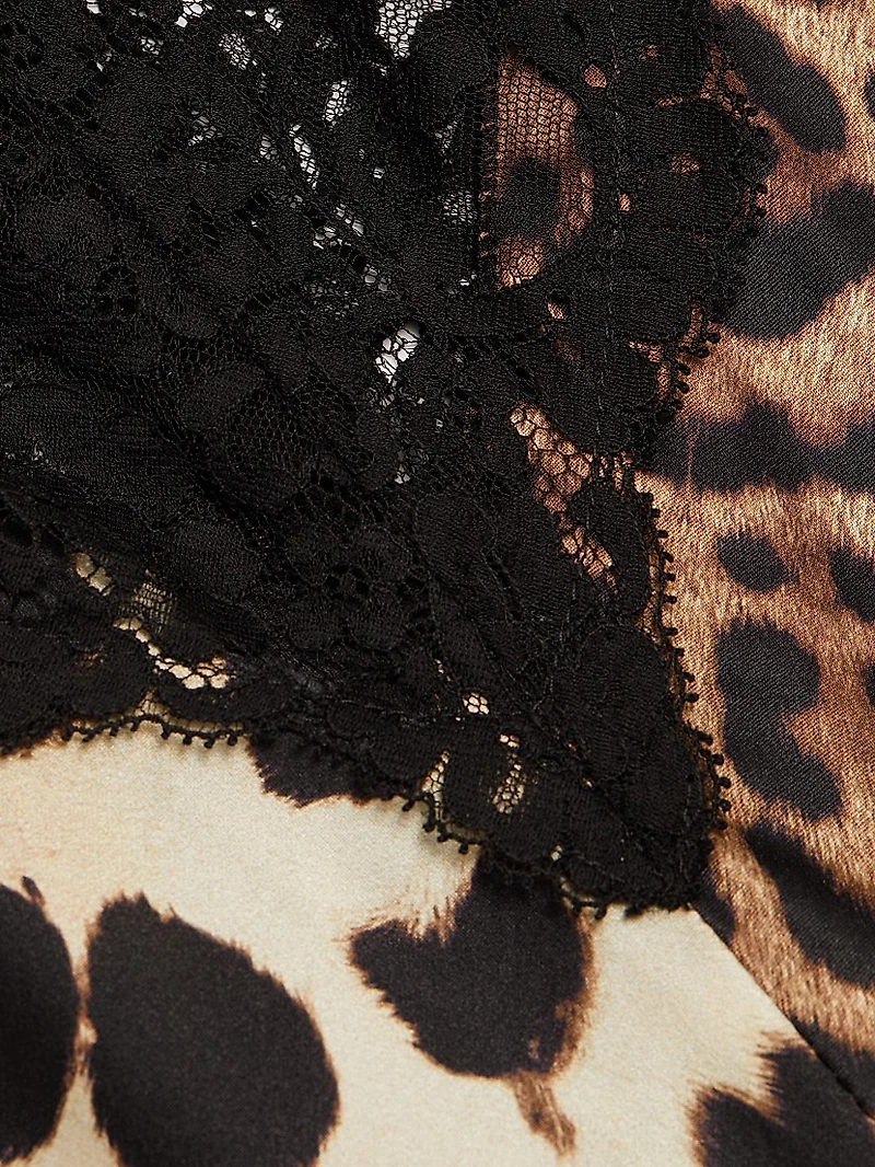 Leopard Print Silk Lace-Trim Maxi Dress