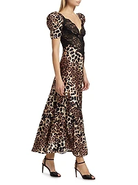 Leopard Print Silk Lace-Trim Maxi Dress
